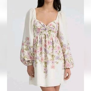 NWT Express Floral Sweetheart Puff Sleeve Tie Open Back Fit and Flare Dress M